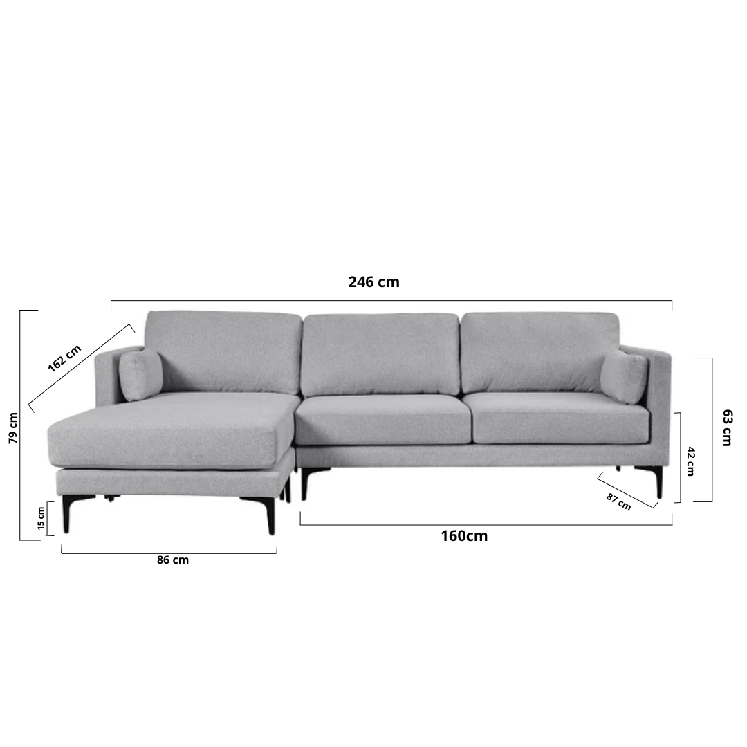 Canapé méridienne 3 places en tissu gris Nil