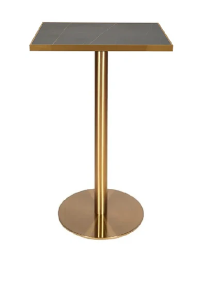 Mesa de bar alta piedra sinterizada con borde dorado 70x70