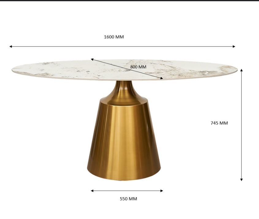 Mesa de comedor oval 160 base dorada piedra sinterizada