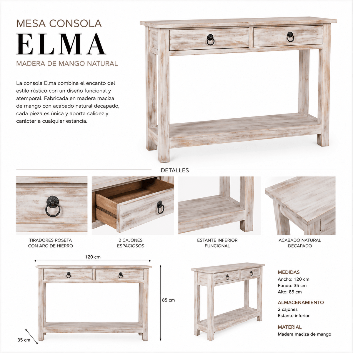 Mesa Consola Elma de Madera de Mango Natural 120 cm - Vintahome
