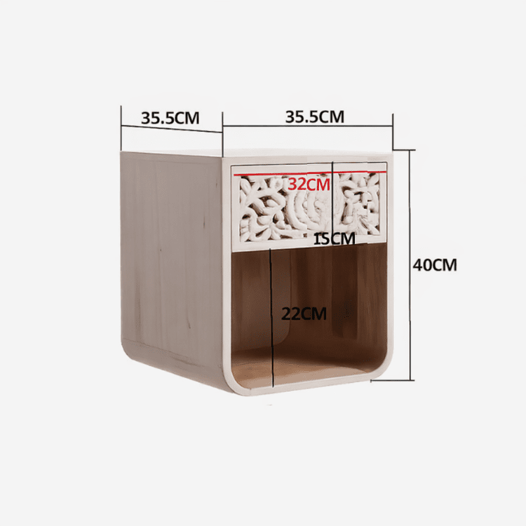 Mesilla de noche NILA en madera maciza con frente tallado – Blanco desgastado - Vintahome