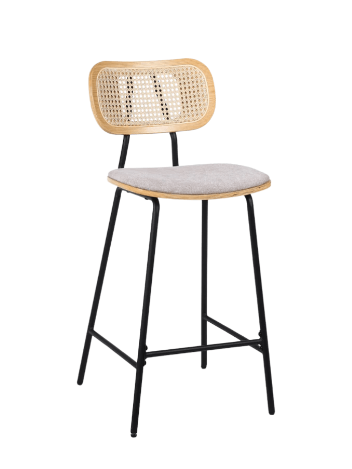 Taburete de bar H65 madera natural, ratán y tela beige Alan - Vintahome