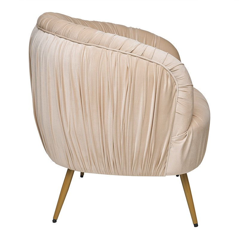 Sillón terciopelo plisado patas oro Carlo beige